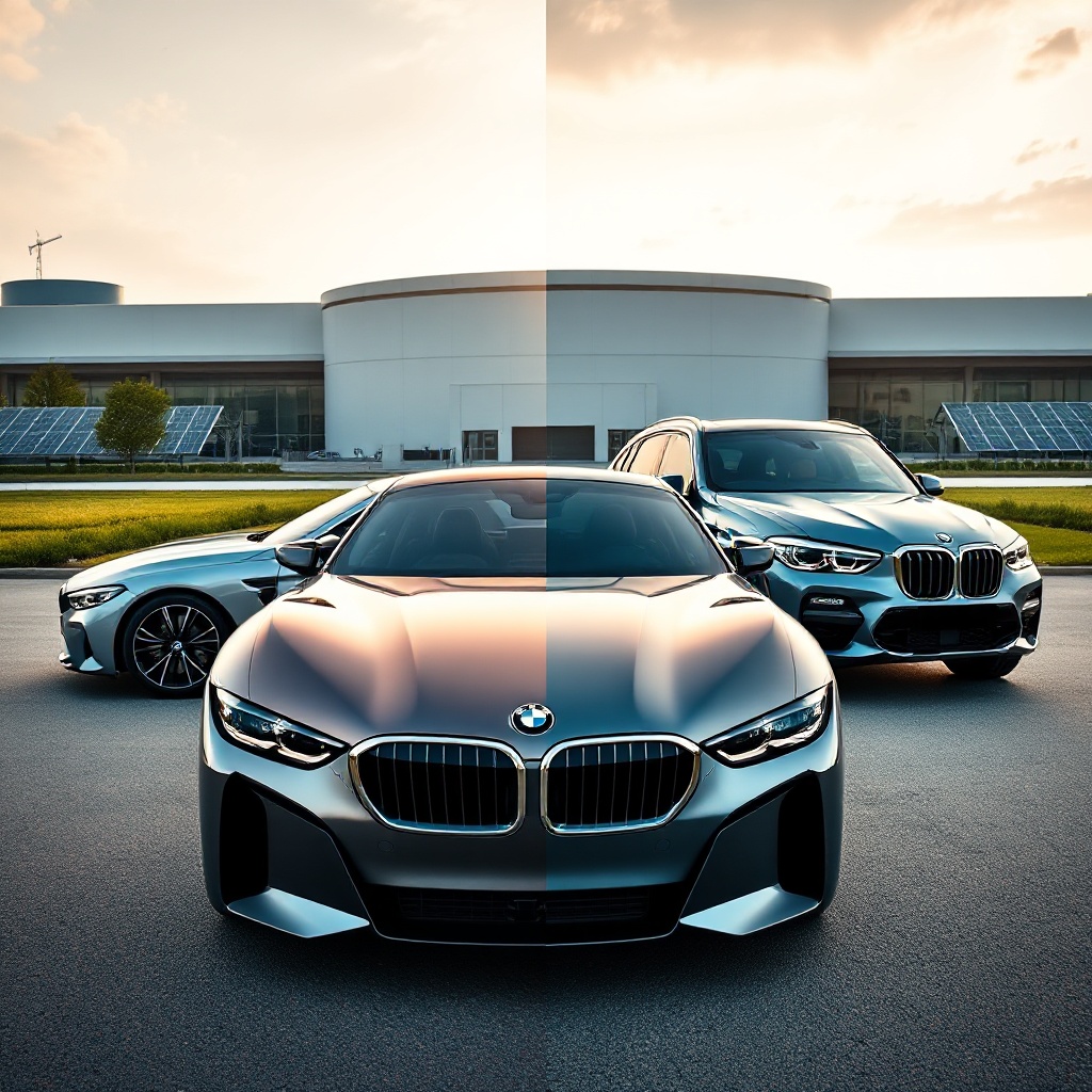 A dramatic side-by-side comparison showing BMW's three platform strategy in physical form - featuring the sleek, aerodynamic Neue Klasse concept vehicle alongside a current BMW combustion model and a hybrid variant, all positioned in front of BMW's futuristic Debrecen manufacturing facility with its distinctive solar array visible in the background, demonstrating the company's multi-pronged approach to electrification.