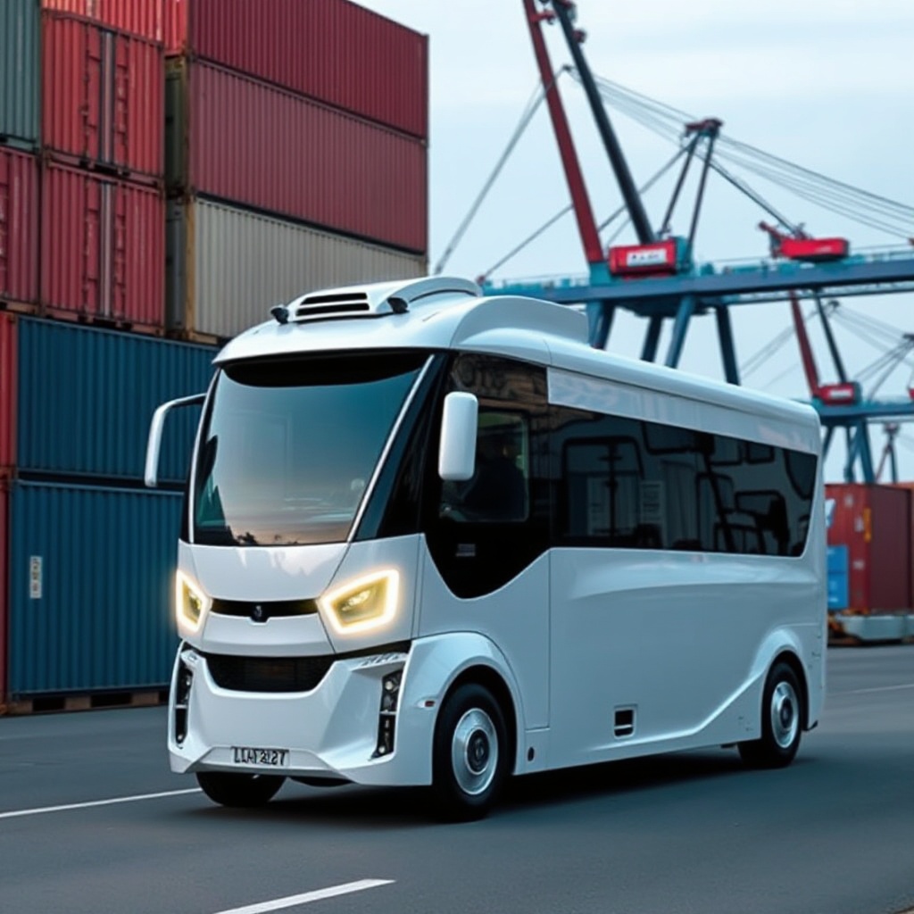 A sleek, white cabless Einride autonomous electric truck (known as a 'Pod') operating at the Port of Antwerp-Bruges, with cargo containers and cranes visible in the background. The truck's aerodynamic design is prominent, showing its sensor arrays and distinctive LED lighting system against an industrial port setting.
