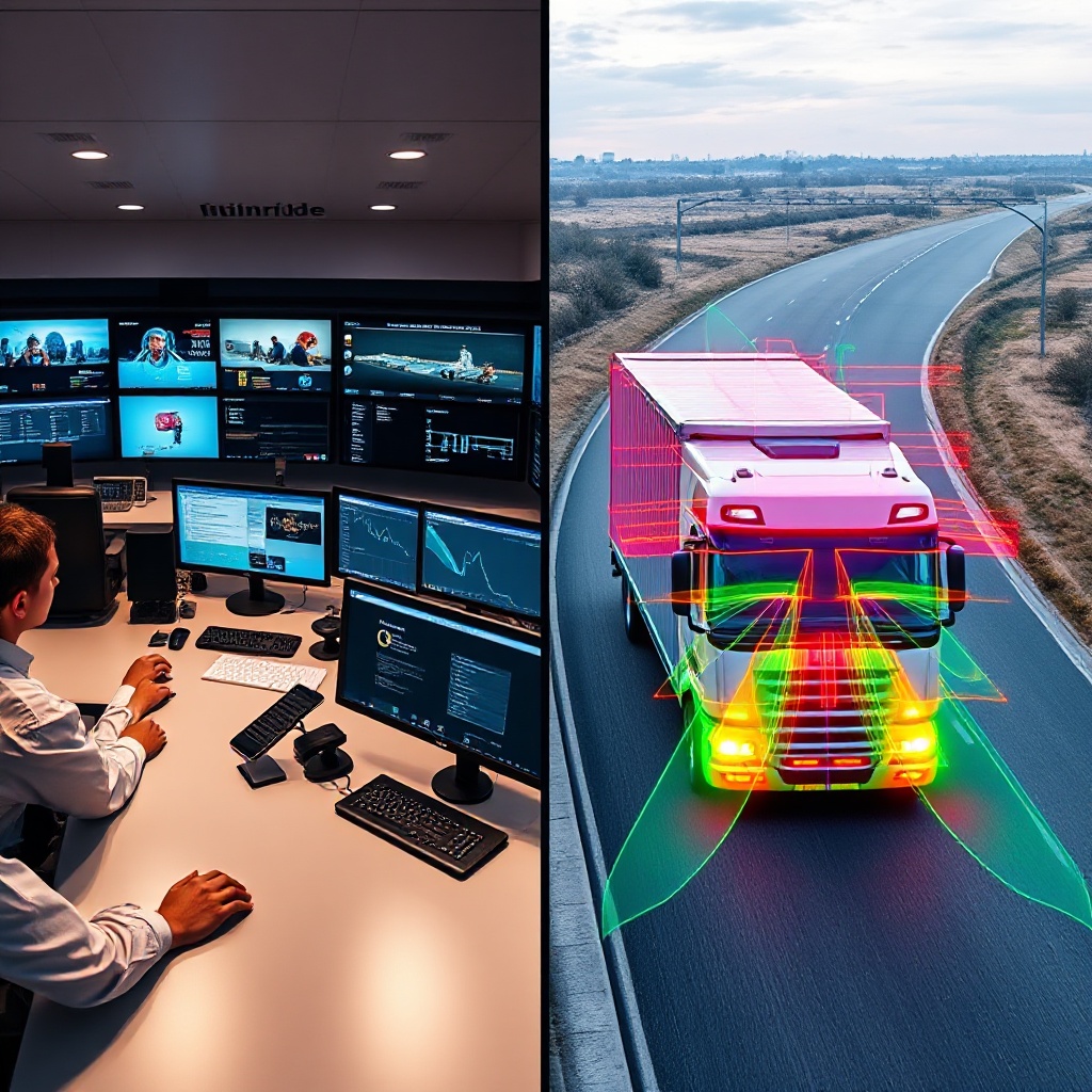 A split-screen view showing an Einride Control Tower operation center where remote operators monitor multiple autonomous trucks. The left side shows professionals at workstations with multiple screens displaying real-time truck operations, while the right side shows an autonomous truck navigating a road with its sensors visualized as colorful overlays indicating object detection and path planning.
