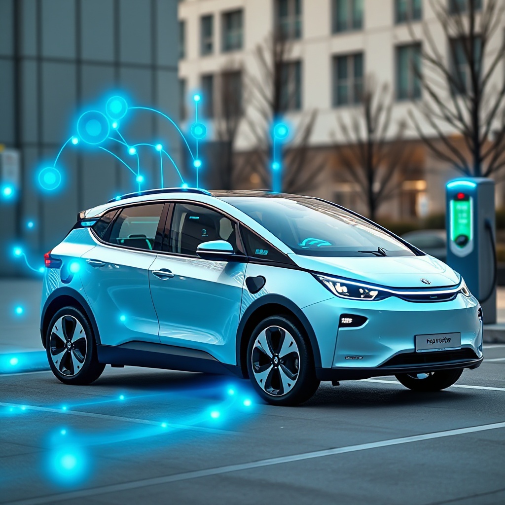 A modern electric vehicle with glowing blue digital connections emanating from it, showing data flowing wirelessly to the vehicle. The vehicle appears to be updating while parked, with a subtle progress indicator visible on its dashboard display. The background shows a clean urban environment with charging stations nearby.