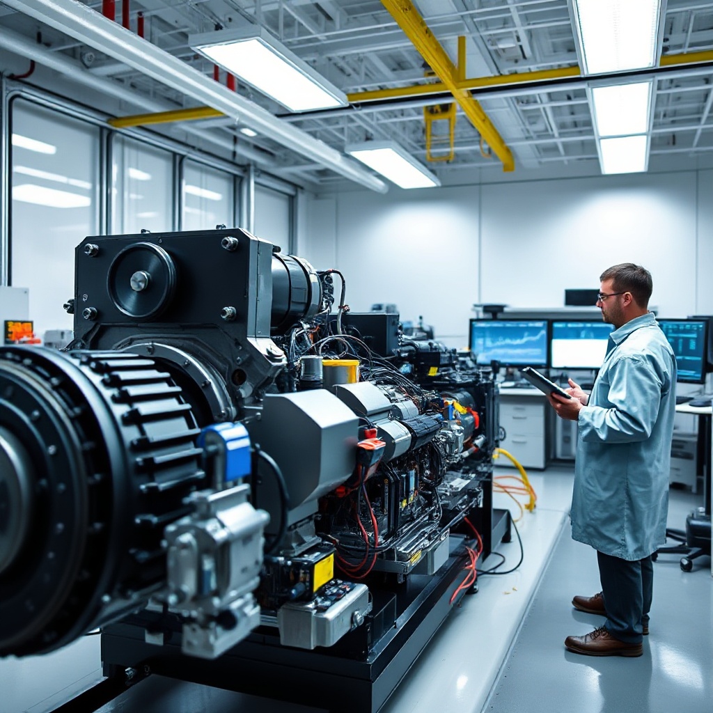 A high-tech automotive engineering laboratory with engineers working on an electric vehicle powertrain system. The exposed drivetrain shows electric motors, power electronics, and battery systems. Engineers are using digital tablets and computer workstations to analyze performance data in a modern, well-lit facility.