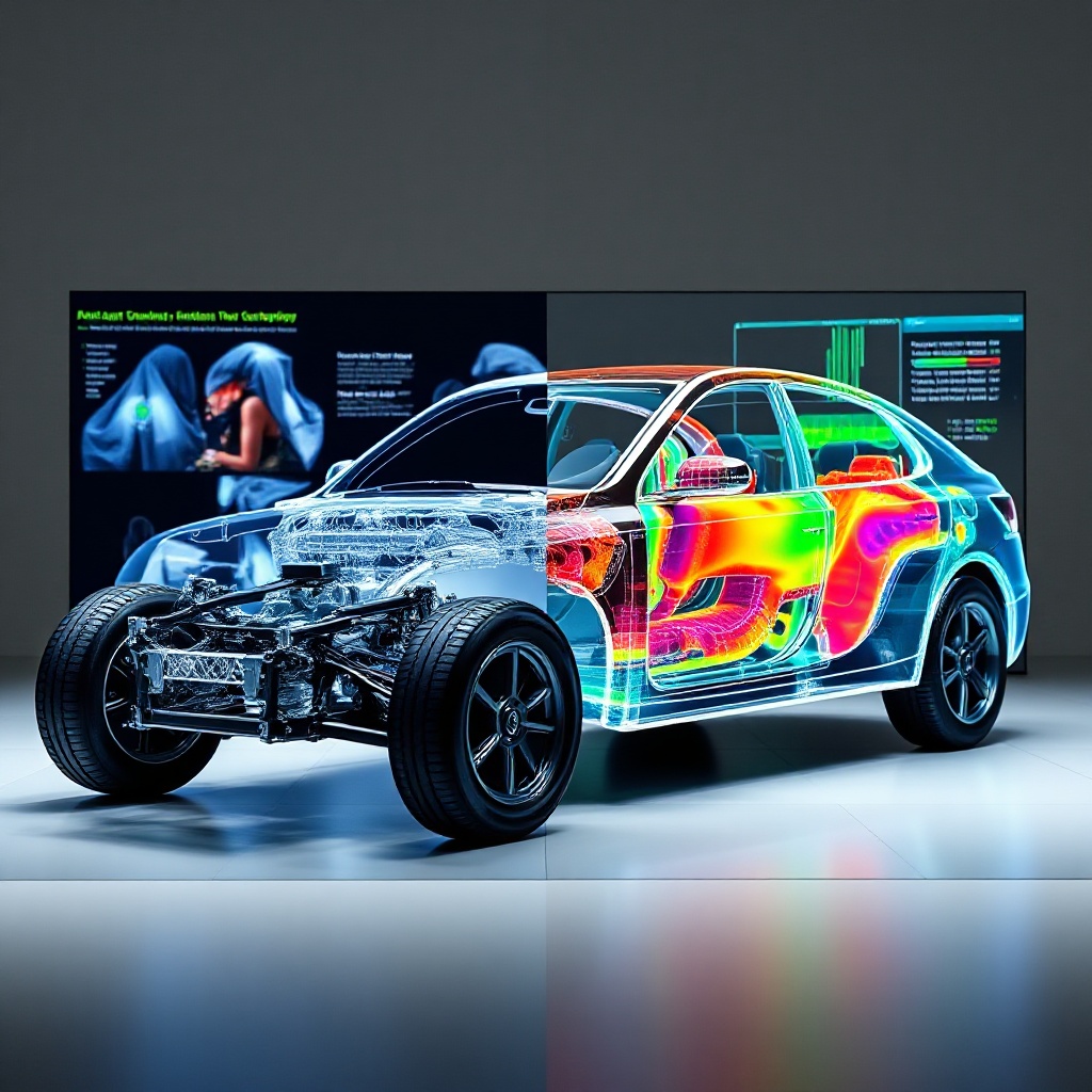 A split-screen visualization of automotive digital twin technology, showing a physical vehicle chassis on one side and its complete digital representation on the other. The digital side displays color-coded simulation data for aerodynamics, thermal properties, and stress points with virtual testing in progress.