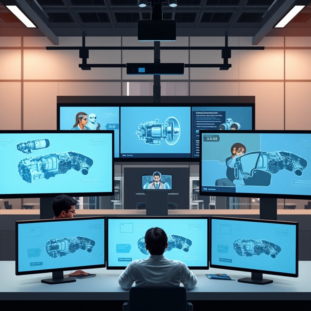 A global collaboration scene showing automotive engineers from diverse backgrounds working together across time zones. Multiple screens display transmission design elements while engineers in different locations (suggested by office backgrounds with subtle cultural elements) are engaged in a virtual meeting discussing electric vehicle components.