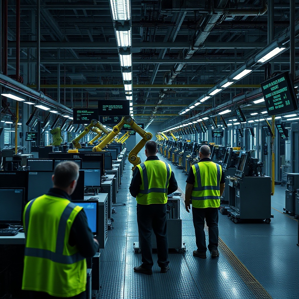 A darkened, partially shut down Jaguar Land Rover manufacturing plant with assembly lines at standstill. Worker stations are empty with dimmed lights, while a few IT security personnel in high-visibility vests are examining computer terminals. Robot arms on the production line are frozen in position, and digital display boards show error messages or are completely dark.
