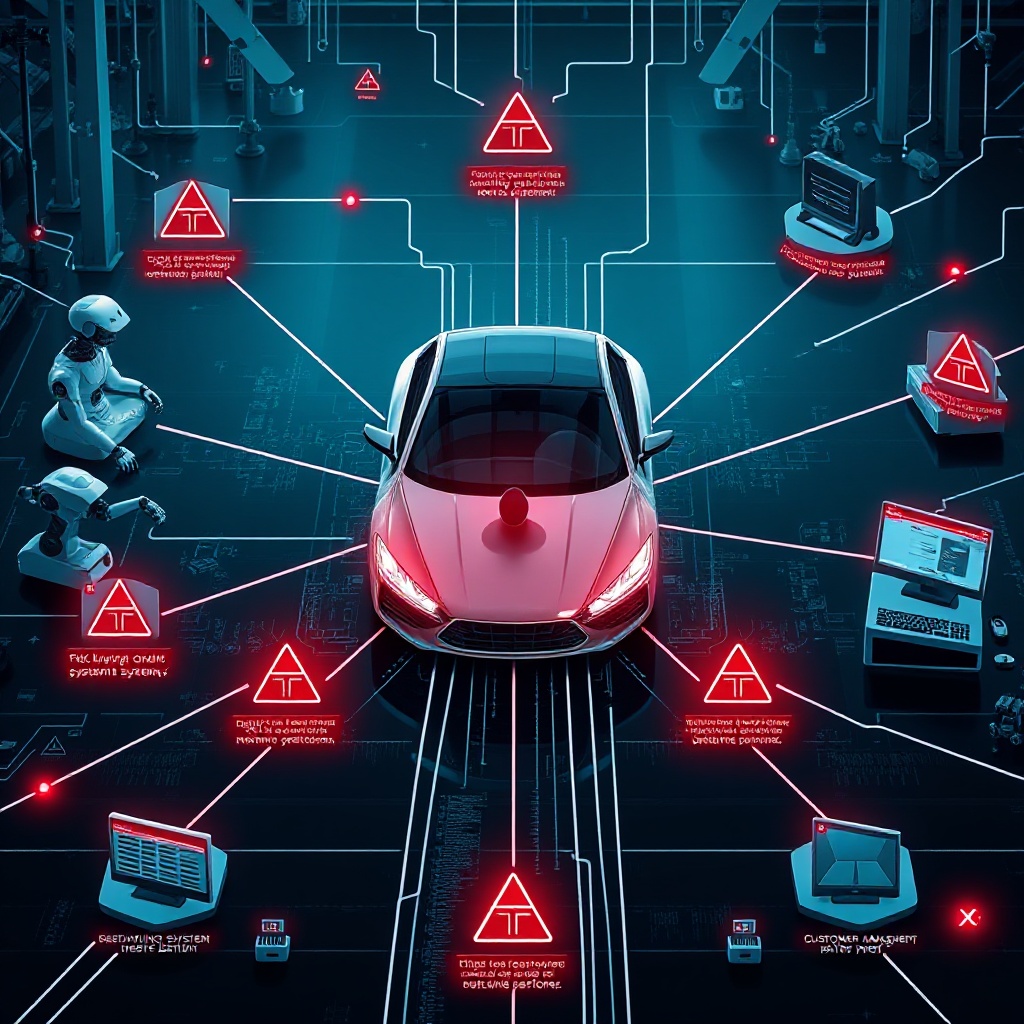 A detailed visual representation of an automotive manufacturing network under cyberattack. The image shows interconnected systems with a modern car in the center surrounded by digital connections to manufacturing robots, supply chain systems, engineering workstations, and customer management databases. Red warning indicators appear at various connection points, visually demonstrating how the attack spread through different systems from an initial entry point.