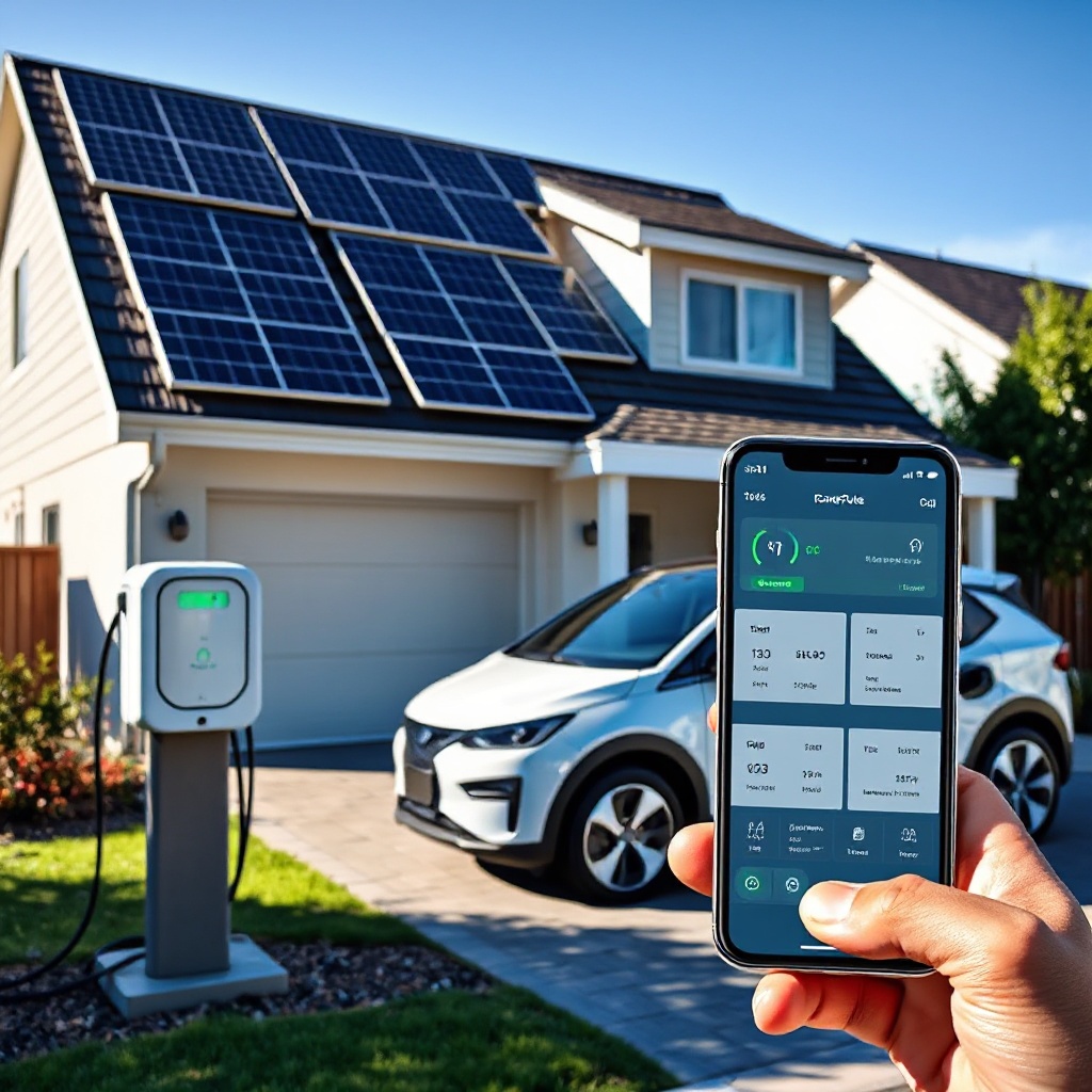 A modern home with visible solar panels on the roof, an electric vehicle parked in the driveway being charged by an EcoFlow PowerPulse charger, with a smartphone in the foreground displaying the energy management app showing real-time solar production, home energy usage, and EV charging status. The scene should be bright and sunny to emphasize solar energy usage.