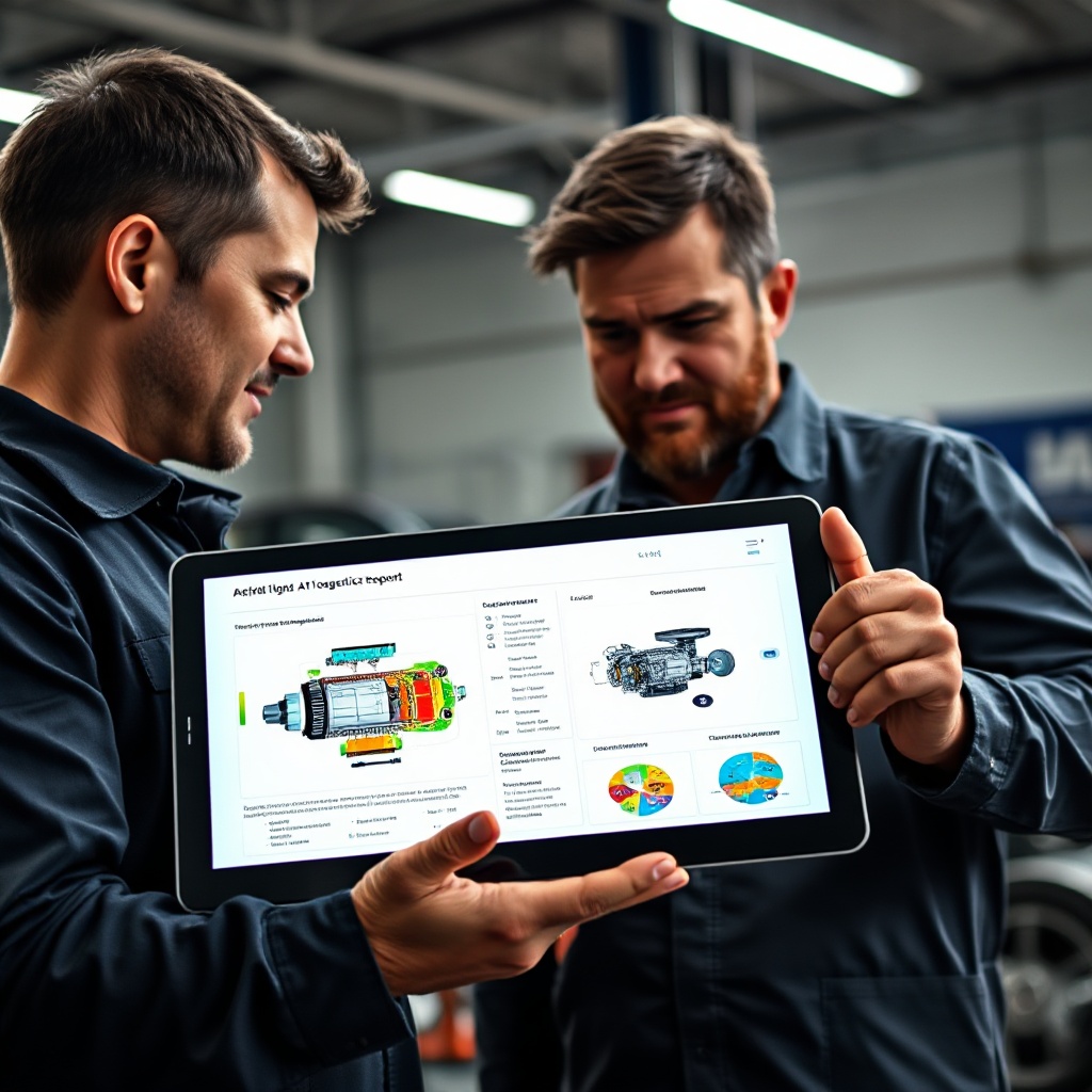 A mechanic and customer looking at a tablet showing an AI diagnostic report with color-coded vehicle system graphics. The report highlights a specific engine component with a detailed visual explanation and repair recommendation. Both individuals appear engaged and confident as they review the transparent information together in a modern auto repair shop setting.