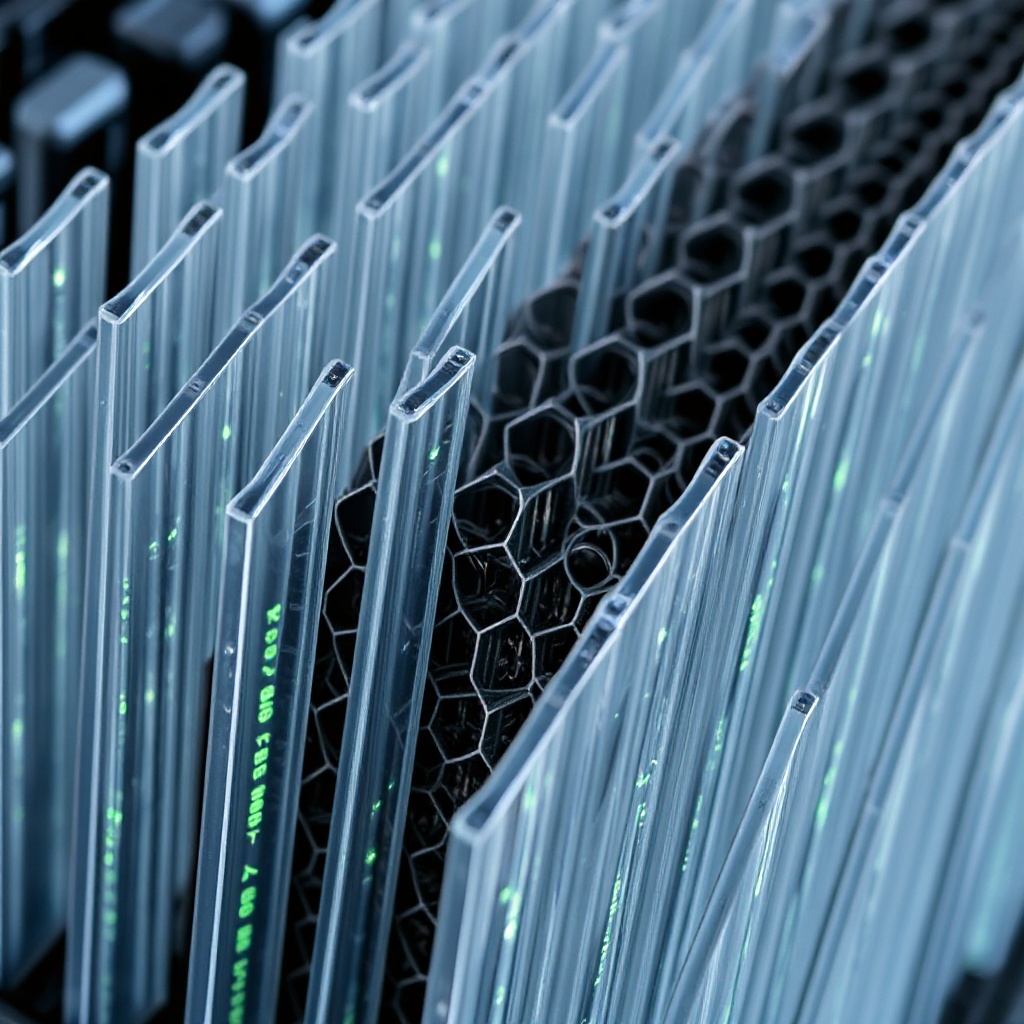  A detailed close-up of BYD's Blade Battery cells showing their distinctive long, thin prismatic structure arranged vertically in the battery pack, with the honeycomb-like configuration visible and contrasting with traditional battery modules. The image should emphasize the sleek, blade-like appearance that gives the technology its name, with a clean, high-tech industrial aesthetic.