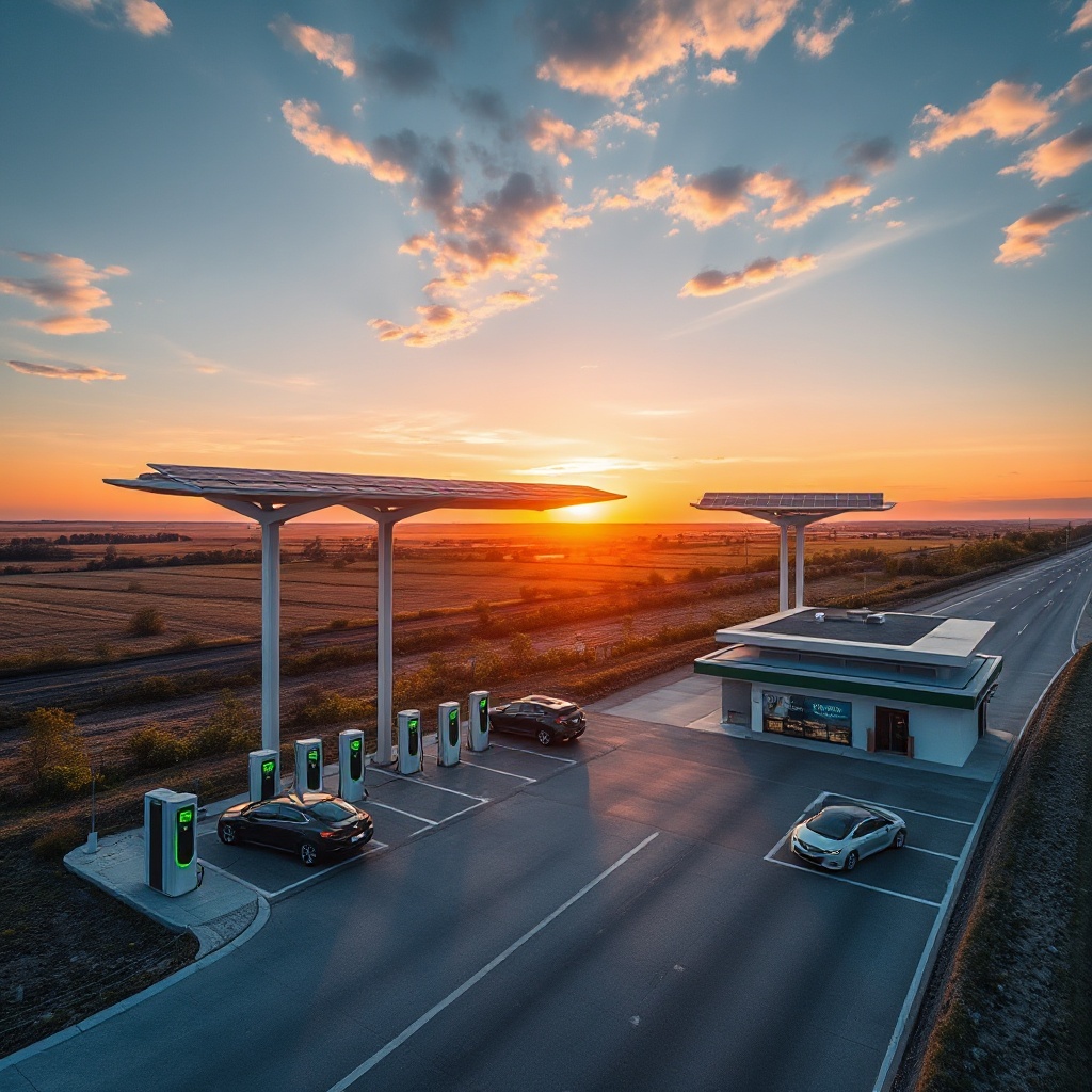 A close-up perspective of a female EV driver connecting a high-power charging cable to her vehicle at a next-generation charging station. The charging handle is sleek and modern with illuminated status indicators. The background shows other vehicles charging and a comfortable waiting area with travelers relaxing, working on laptops, and enjoying refreshments.