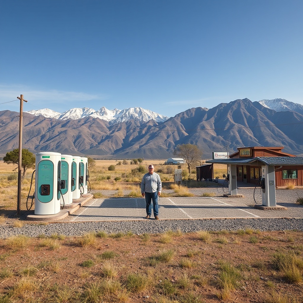 A wide-angle view of a rural charging installation in a previously underserved area. The charging station features 8 modern fast-charging stalls with nearby small businesses visible. Mountains are visible in the background, and the scene captures the contrast between cutting-edge technology and rural American landscape, symbolizing the bridging of charging deserts.