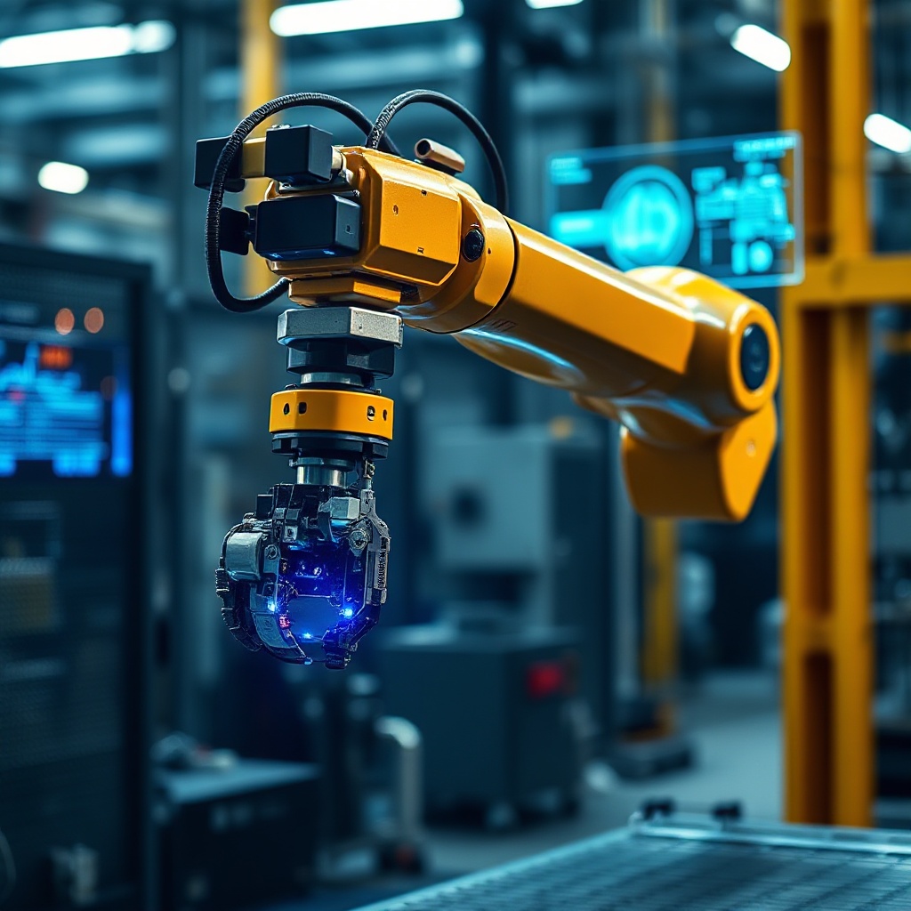 A dramatic visual representation of edge AI applications powered by Versal technology, showing a modern industrial robot arm performing precise manufacturing operations with multiple sensors visibly integrated, while real-time data visualization elements subtly appear in the background, demonstrating the fusion of AI processing and physical control in a factory environment with dynamic lighting.