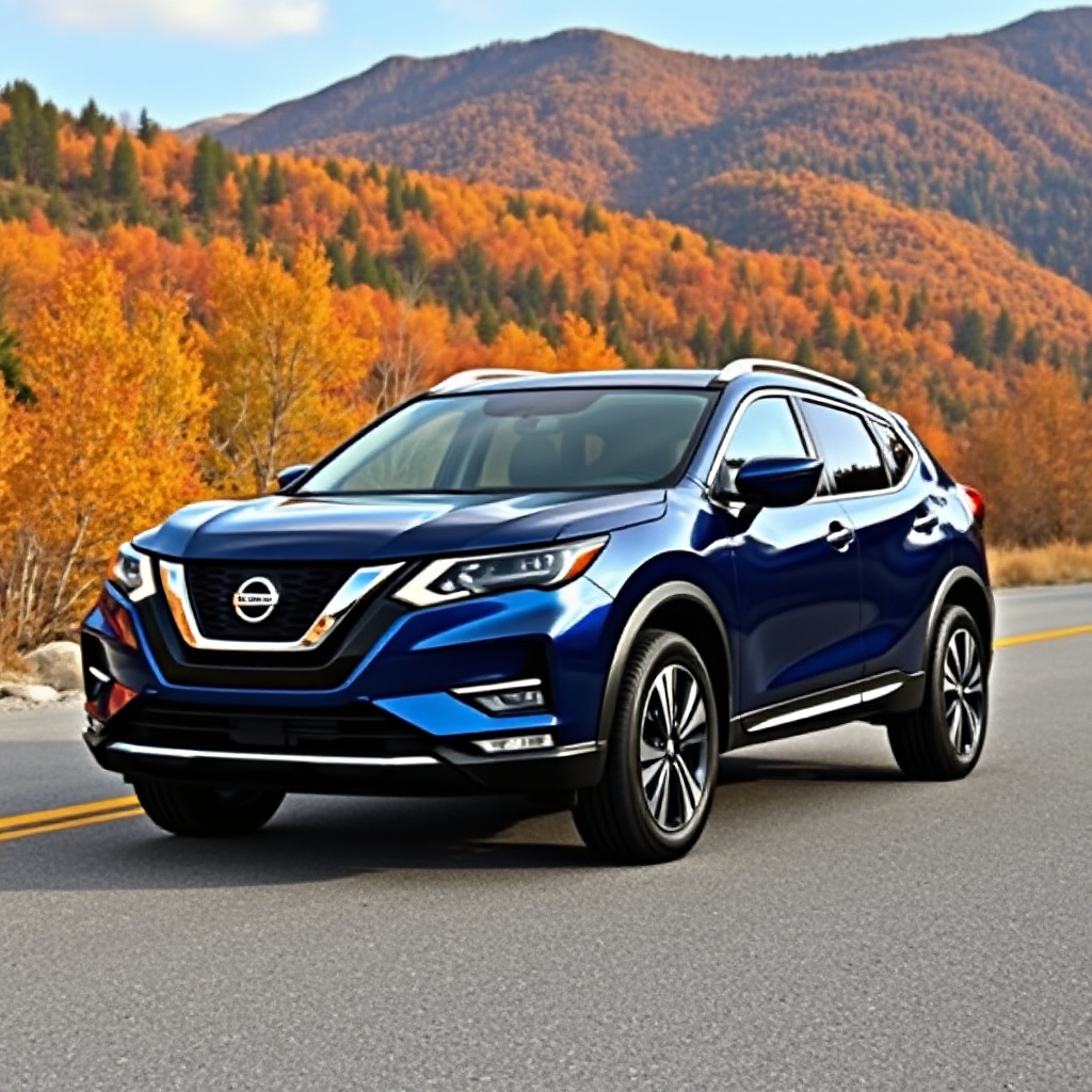 A 2026 Nissan Rogue Plug-in Hybrid in deep blue metallic paint photographed at a three-quarter front angle showing its distinctive LED headlights, V-motion grille, and aerodynamic profile. The SUV is parked on a scenic mountain road with autumn foliage in the background, emphasizing its adventure-ready capabilities while highlighting its sleek, modern design.