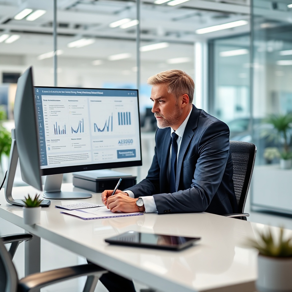 A professional loan officer sitting at a modern desk reviewing information on a computer screen displaying AI-generated lending recommendations, with the officer making notes and clearly engaged in the decision-making process, showing the human oversight component of auto lending technology. The setting should be a bright, contemporary office environment with automotive industry elements visible in the background.