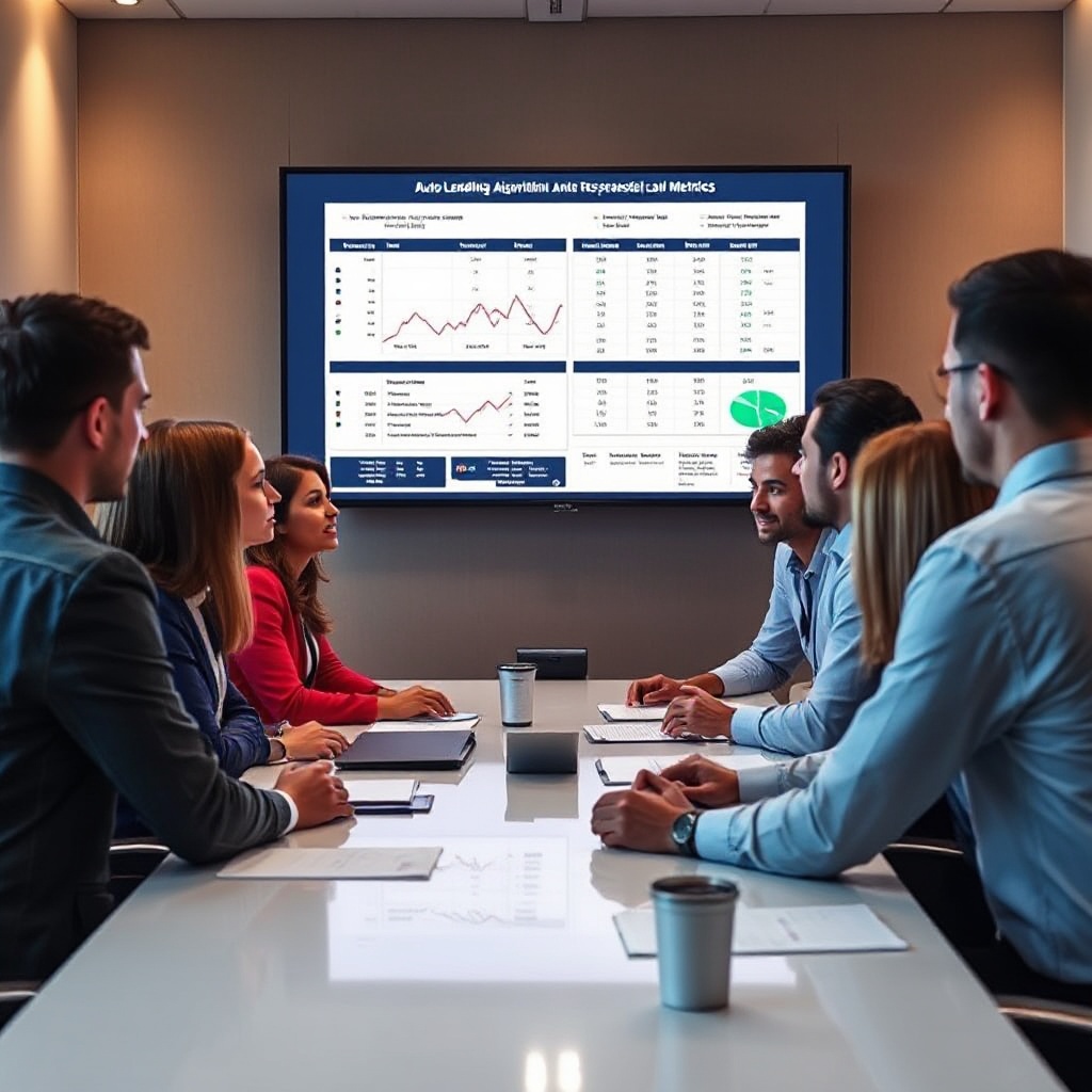 A diverse group of auto finance professionals - including compliance officers, data scientists, and loan specialists - gathered around a conference table reviewing auto lending algorithm results and fairness metrics displayed on a large screen, demonstrating the interdisciplinary collaboration required for responsible AI implementation. The image should convey teamwork and careful analysis in a professional setting.