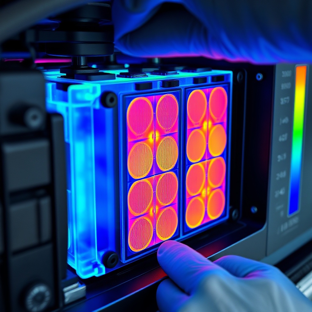 A close-up of a modern EV battery pack being temperature tested, with thermal imaging visible showing the gradient of colors representing different temperatures across the cells. The pack should be partially visible with cooling components and the high-tech nature of the battery management system apparent.