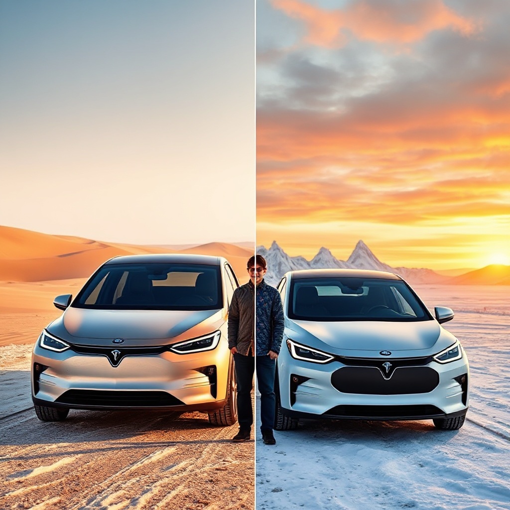 A side-by-side comparison of two identical EV models in contrasting environments - one in a hot desert setting with visible heat waves and the other in a snowy northern landscape, illustrating the climate extremes that affect battery performance.