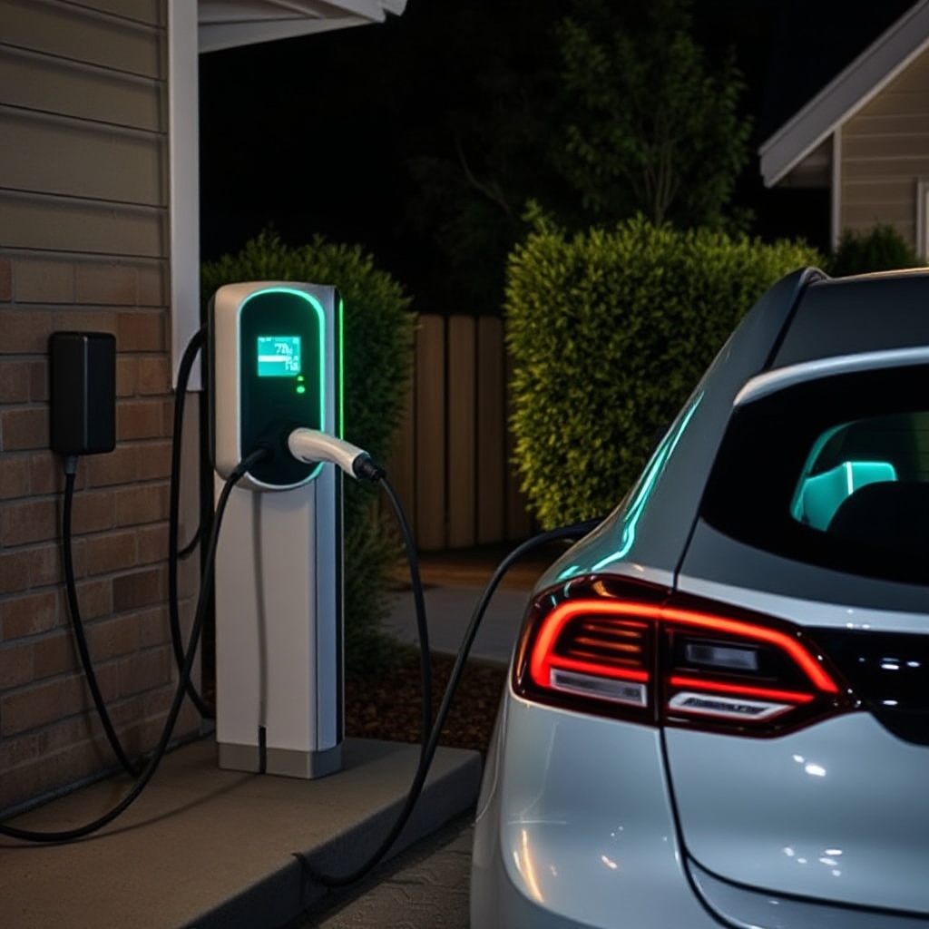 An EV owner charging their vehicle at a home Level 2 charger at night, with the car's digital display visible showing the battery at approximately 70% state of charge, demonstrating ideal charging practices in a real-world setting.