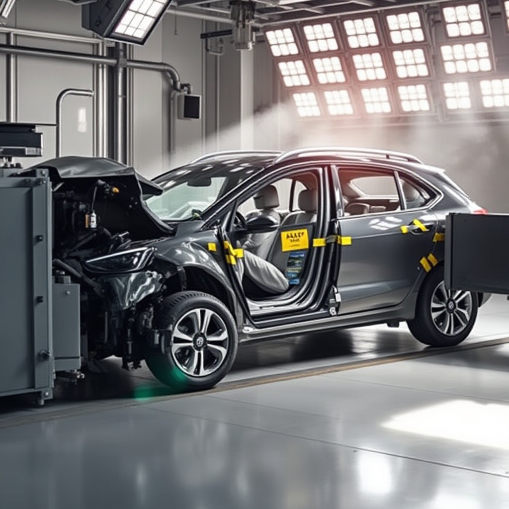 A dramatic visual of a modern vehicle undergoing Euro NCAP crash testing, showing the test dummies inside and visible deformation of the vehicle structure. The image should capture the moment of impact with crash test barriers, displaying the advanced testing equipment around the vehicle and the high-tech sensors measuring impact forces. The lighting should be bright and clinical, emphasizing the scientific nature of safety testing.