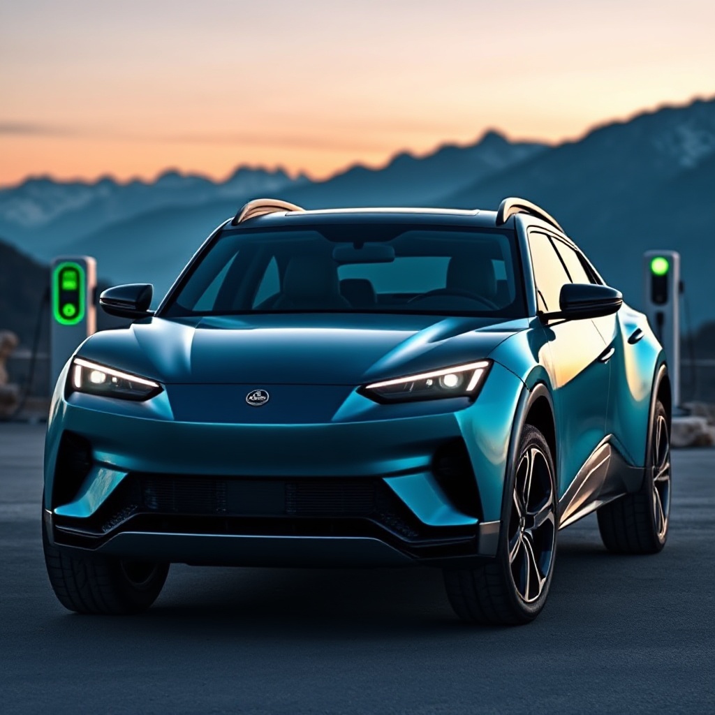  A sleek, modern Lotus Hyper Hybrid Eletre SUV in metallic teal blue color, photographed from a three-quarter front angle against a dramatic mountain landscape with charging station visible in background. The vehicle's distinctive LED lighting signature is illuminated, highlighting its aggressive front fascia and aerodynamic design elements.