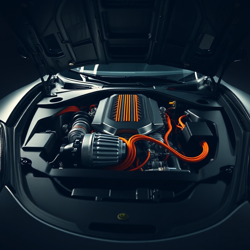  Close-up detail shot of the Lotus Hyper Hybrid Eletre's engine bay with the hood open, revealing the turbocharged four-cylinder engine alongside visible hybrid components and high-voltage orange cabling, photographed in a studio setting with dramatic lighting highlighting the technical complexity of the powertrain.