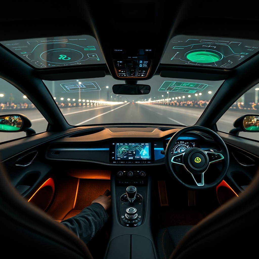  Interior cockpit view of the Lotus Hyper Hybrid Eletre showing the driver's perspective with the 15.1-inch OLED touchscreen displaying energy flow graphics, augmented reality head-up display active on windshield, and premium sustainable materials visible on the dashboard, steering wheel and seats, with ambient lighting creating a high-tech atmosphere.