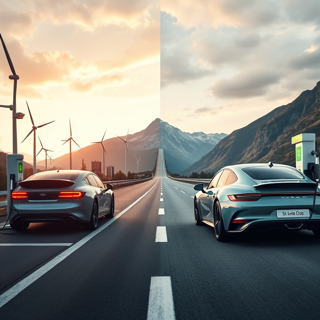 A dramatic split-screen highway scene showing the future of European driving. On the left side, a sleek electric vehicle charges at a modern charging station surrounded by renewable energy sources like wind turbines and solar panels. On the right side, a performance-oriented combustion engine car refuels with clearly labeled 