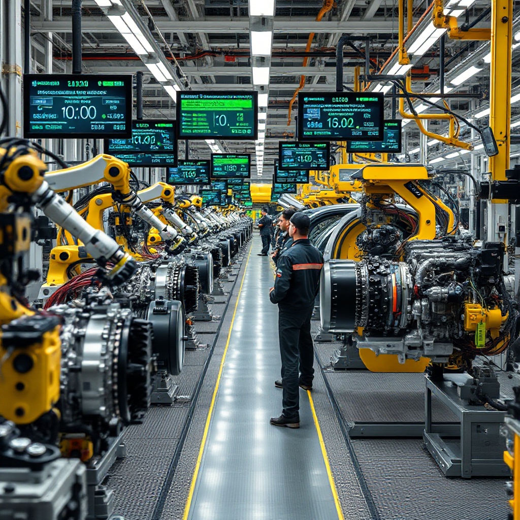 A detailed visual of an automotive manufacturing facility in transition. The foreground shows robotic assembly lines producing both electric vehicle battery packs and highly efficient combustion engines side by side. German automotive workers in branded uniforms oversee both production lines, with digital screens displaying emissions data and fuel efficiency metrics. The facility features both traditional engineering areas and new technology sections, symbolizing the tension between preserving automotive heritage and embracing electric innovation.