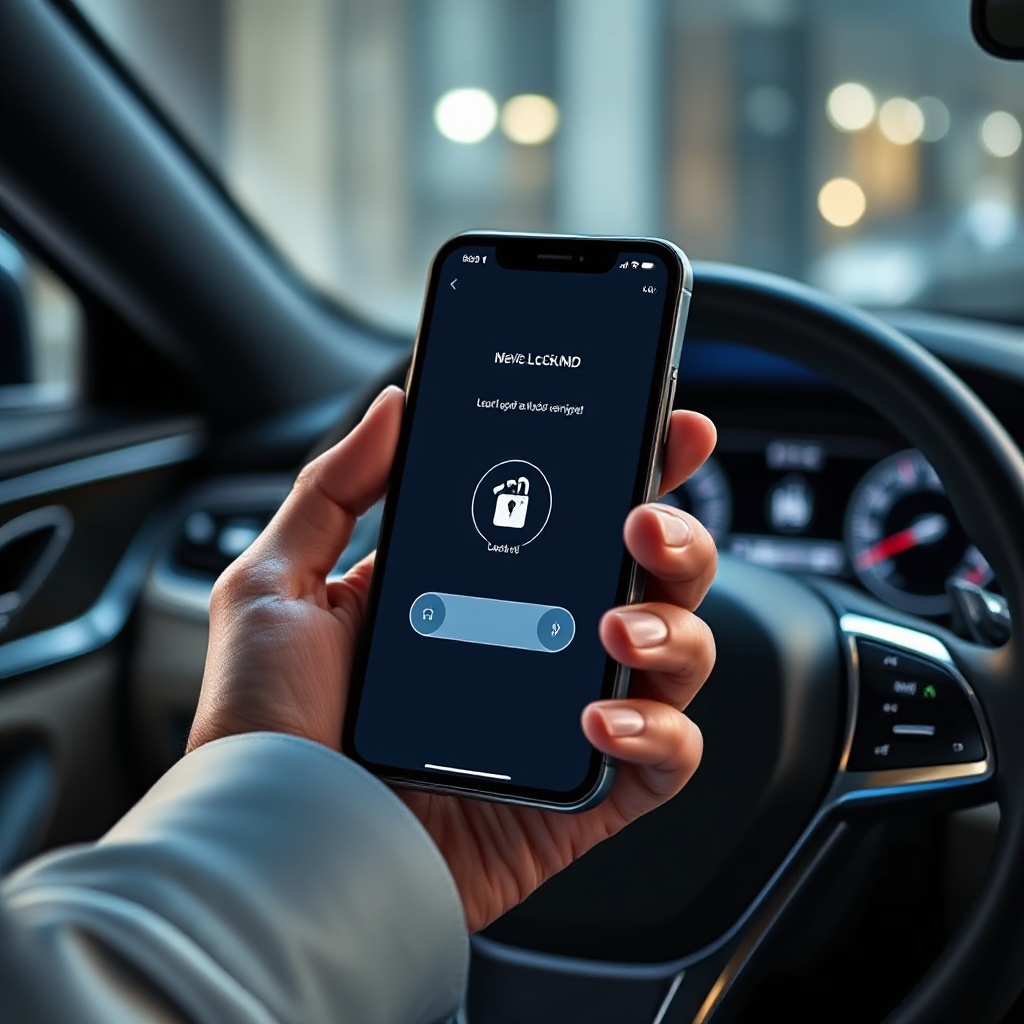 A close-up of a person's hand holding a smartphone displaying a vehicle app interface with lock/unlock buttons prominently visible. The phone is positioned in front of a luxury car's dashboard, showing the contrast between physical and digital vehicle controls. The lighting should be modern and sleek, emphasizing the technology aspect while maintaining a premium automotive feel.