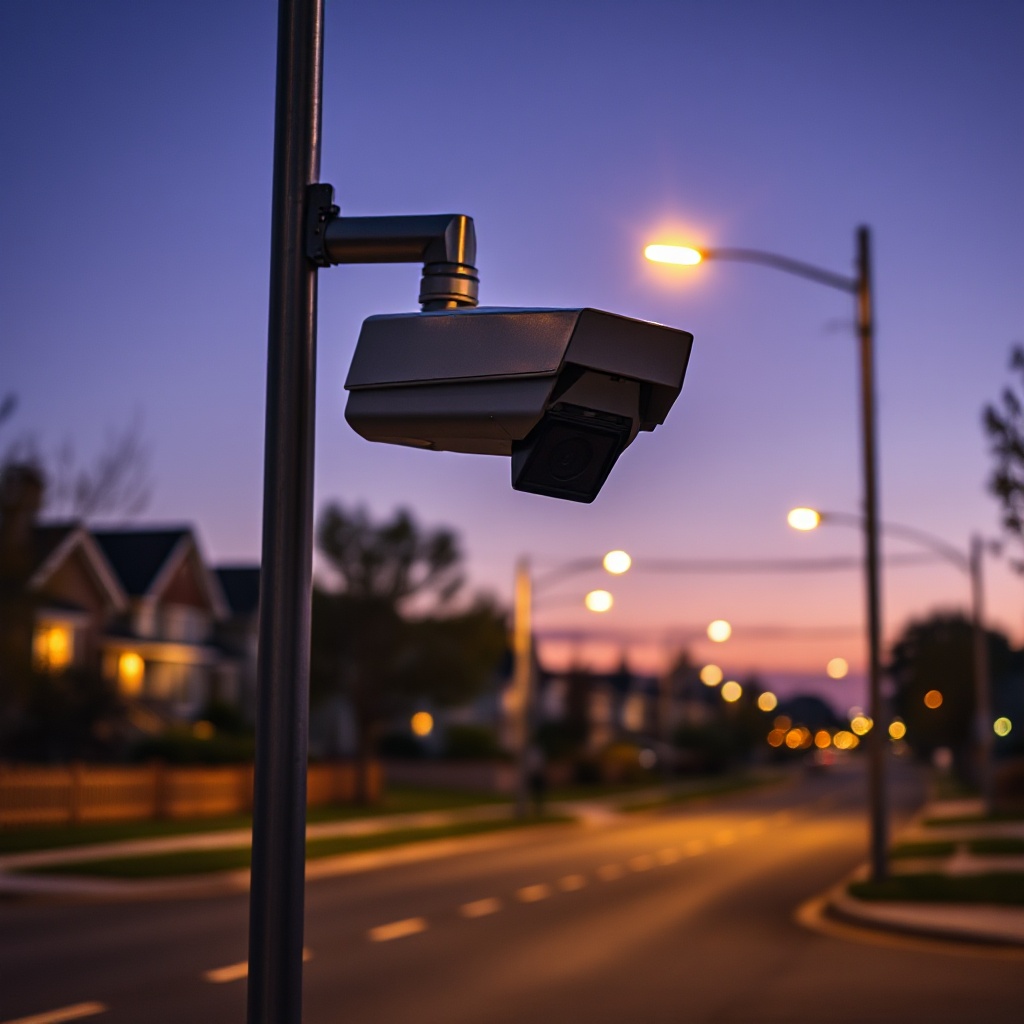 A solitary automated license plate reader camera mounted on a tall metal pole at dusk, positioned at a residential street intersection. The camera is angled downward toward the road, with its lens and rectangular body visible in sharp detail. Warm streetlight glow contrasts with the darkening purple-blue sky. Suburban houses with lit windows are softly blurred in the background, and empty asphalt road stretches beneath the camera. The composition emphasizes the camera's watchful presence over everyday neighborhood life, creating an atmosphere of quiet surveillance without showing any text, logos, or people.