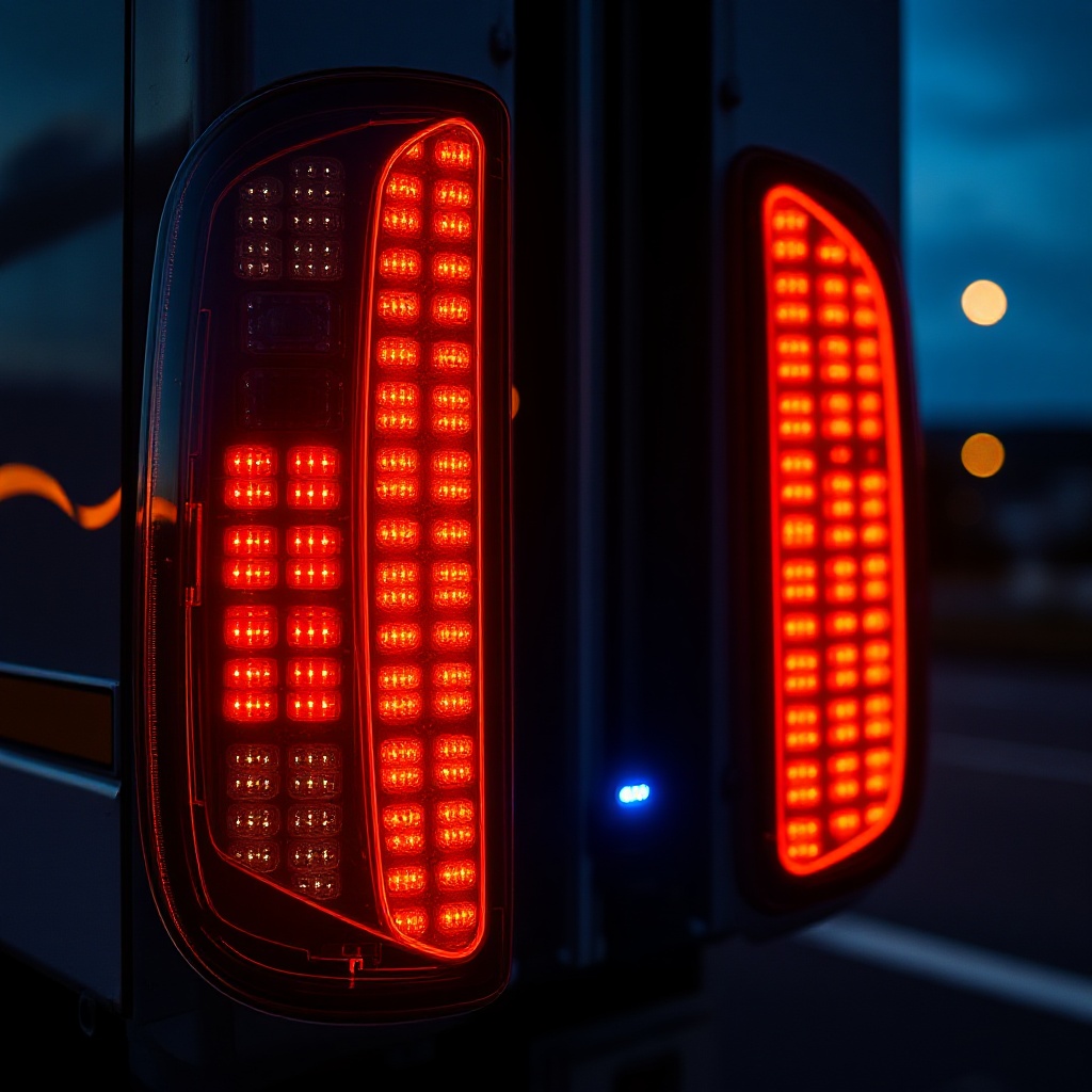 Close-up photograph of modern commercial truck smart tail lights with integrated IoT sensors at dusk, showing LED arrays and small embedded sensor units, with subtle blue indicator lights suggesting active data transmission, shot from a three-quarter rear angle with shallow depth of field focusing on the sensor technology details.