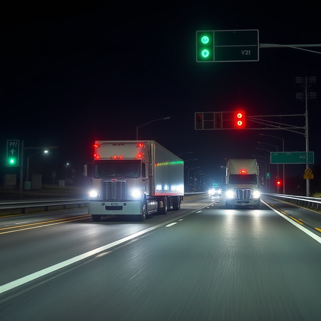 Wide-angle photograph of an autonomous freight truck traveling on a dedicated highway corridor at night, with adaptive traffic signals visible in the background showing green priority signals, V2I communication antenna arrays visible on signal poles, and a second truck following in a platooning formation, captured with long exposure to show light trails emphasizing continuous 24/7 operations.