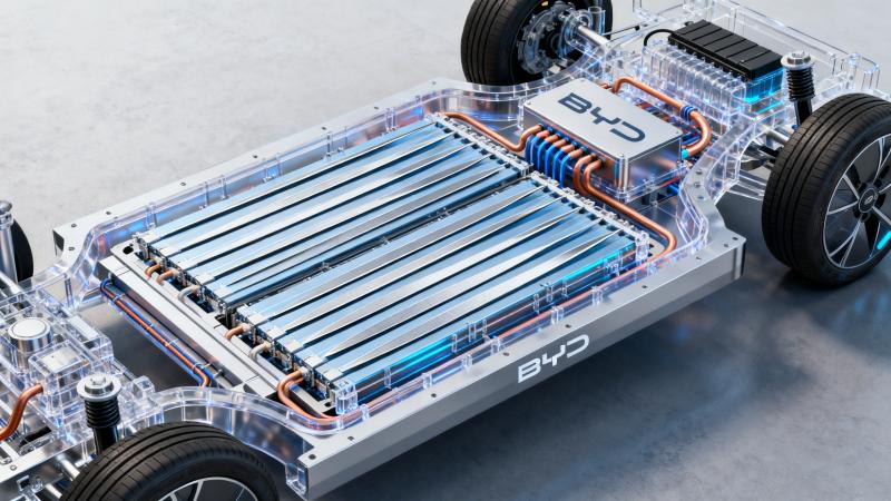 req-9qQtPB0spPLHJS05uuVJL.jpeg A cutaway technical illustration showing the internal structure of the BYD Blade Battery pack installed in an electric vehicle chassis, with the distinctive long, thin blade-shaped battery cells arranged in a compact formation.