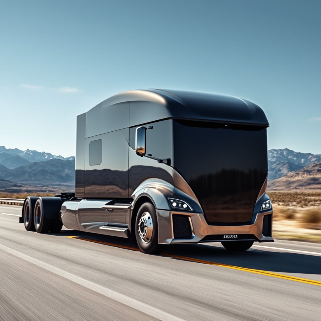 A sleek, aerodynamic Windrose R700 electric long-haul truck with its distinctive sleeper cab design, traveling on an open highway with mountains in the background, showcasing its modern design and zero-emission capability.