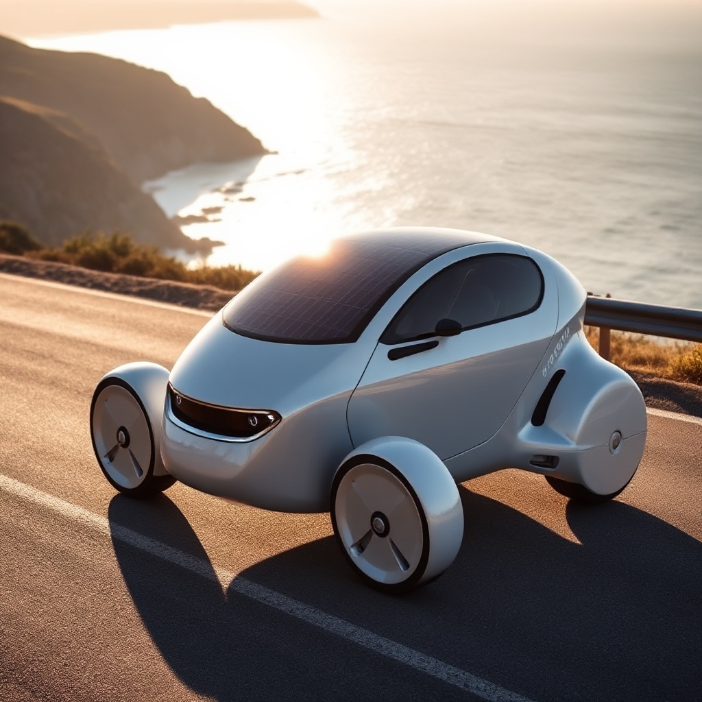 A sleek, futuristic Aptera Artemis solar electric vehicle with its distinctive three-wheel design parked on a scenic coastal road with sunlight reflecting off its solar panel surface.