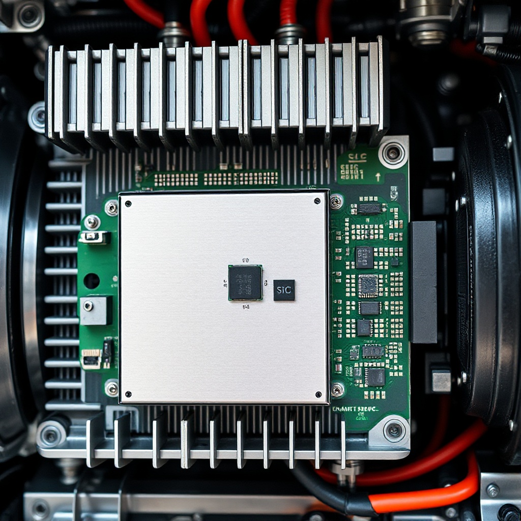 Close-up of a modern EV traction inverter module with visible SiC power devices and gate driver ICs mounted on a thermal management system inside an electric vehicle powertrain.