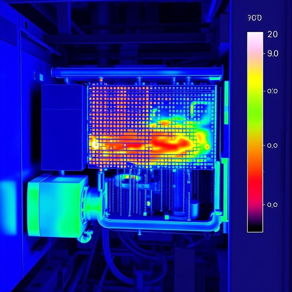 Thermal imaging visualization showing the temperature distribution across a traction inverter during operation, with cooler regions evident where dynamic gate control is optimizing switching efficiency.