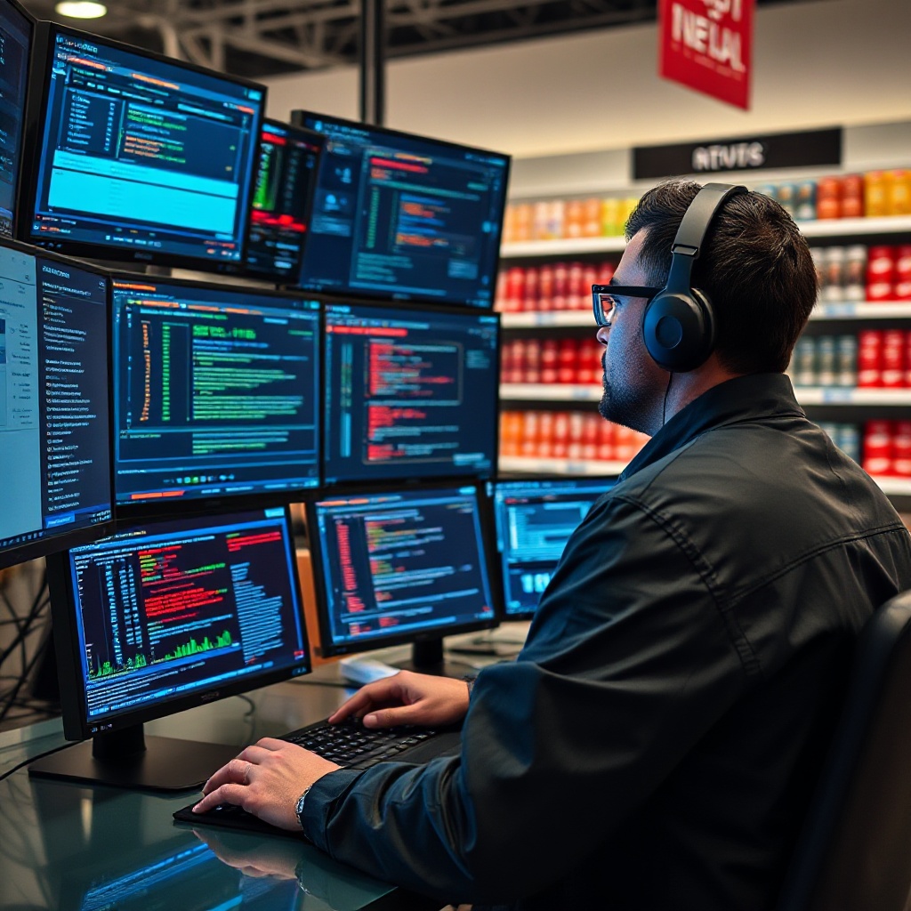 A cybersecurity specialist in a retail environment monitoring multiple screens displaying security alerts and network traffic, with retail shelves visible in the background