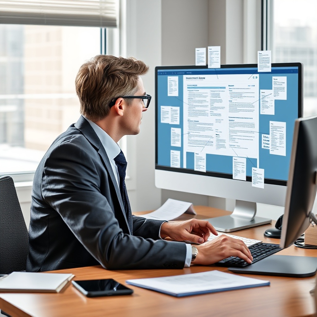 A professional at a desk viewing a comprehensive research report on a computer screen with multiple source documents visibly connected to the main report through visual links, representing Claude's deep research capability.