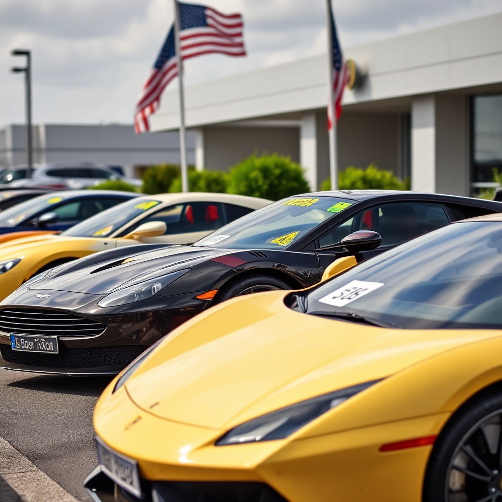 A row of luxury European sports cars including Aston Martin, Ferrari, and Lamborghini models parked at a dealership with price tags visibly increased, with an American flag flying in the background