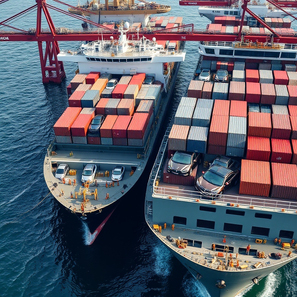 Cargo ships loaded with luxury vehicles in a European port, with some containers being unloaded while others remain on board, suggesting delayed or reduced shipments to the United States