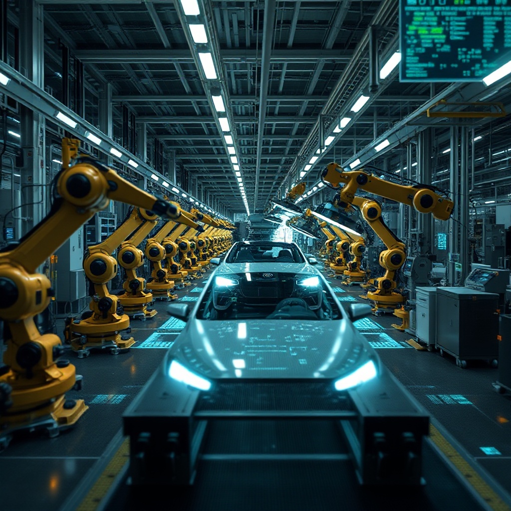 A photorealistic visualization of a GM assembly line digital twin in NVIDIA Omniverse, showing virtual robots and production equipment with data overlays and simulated vehicle assembly in progress.