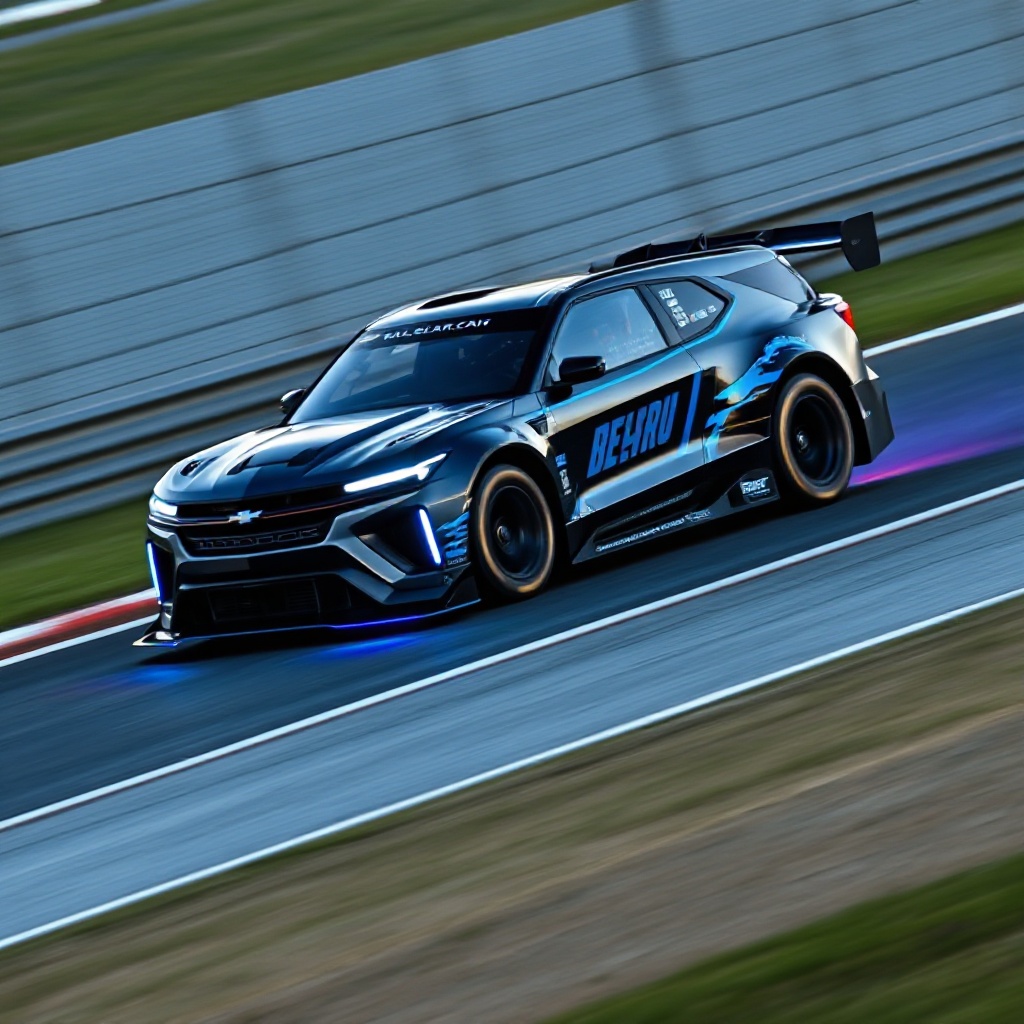 The 1,300-horsepower Blazer EV.R NASCAR prototype racing on a track, showcasing its aerodynamic design with electric blue lighting accents and racing livery in action.