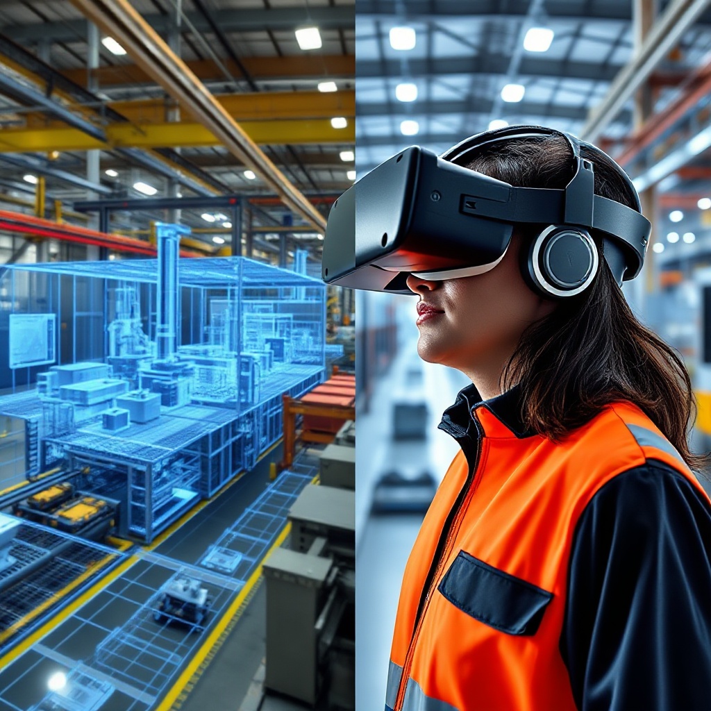 A side-by-side comparison showing an engineer using VR goggles to interact with a digital twin of a factory while the actual physical factory operates in the background.