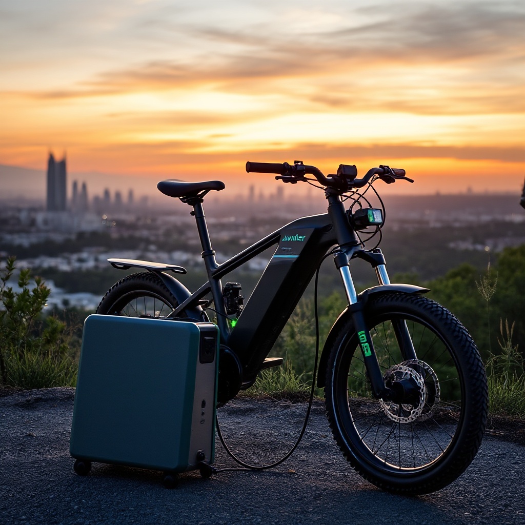 A RadRunner Max e-bike parked at a scenic overlook with a portable Bluetti power station connected to it, demonstrating the off-grid charging capabilities against a backdrop of an urban skyline at sunset.