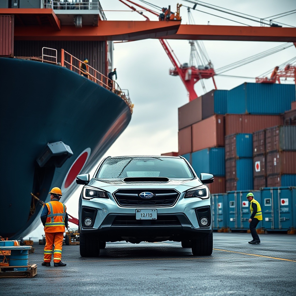 A Subaru vehicle being unloaded from a Japanese cargo ship at a Canadian port, with workers in the foreground and shipping containers in the background
