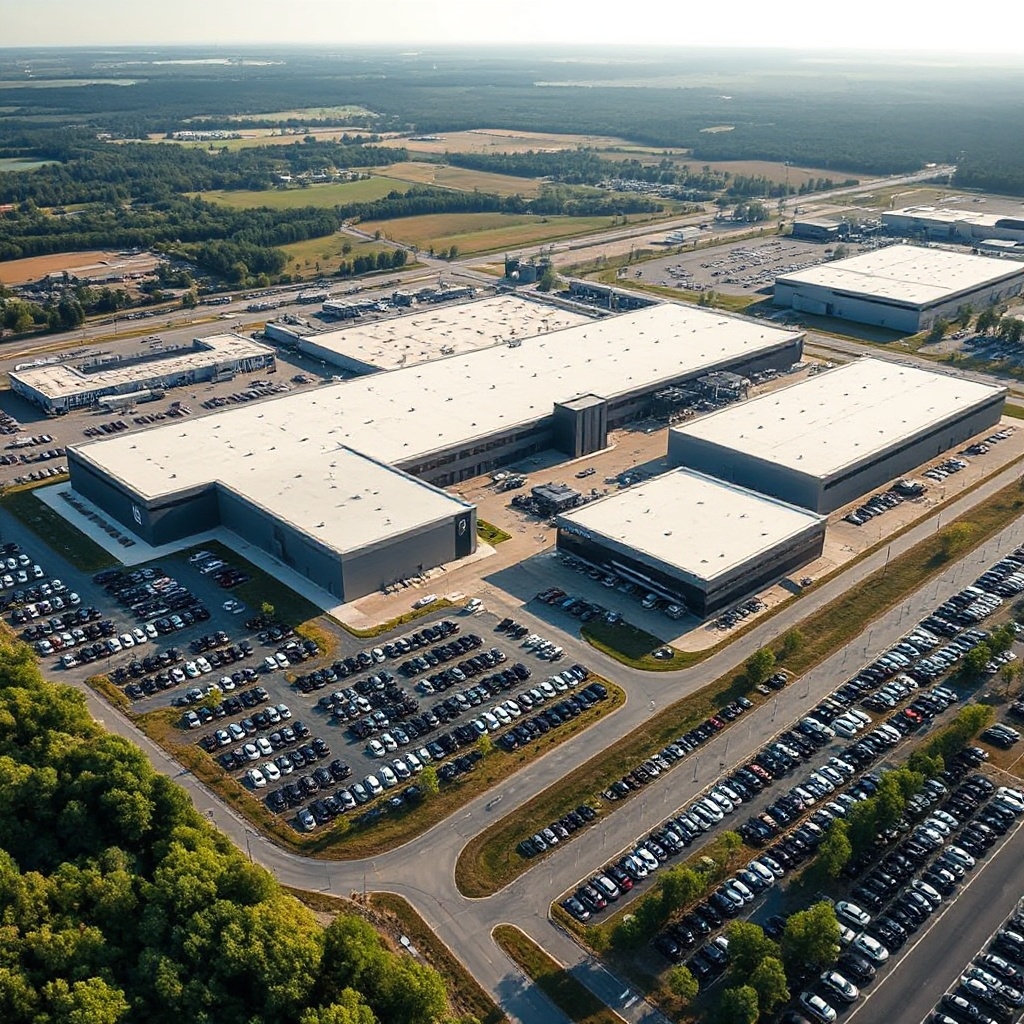 Aerial view of the expansive Mercedes-Benz manufacturing facility in Tuscaloosa, Alabama, showing the factory buildings, parking lots filled with new vehicles, and surrounding landscape.
