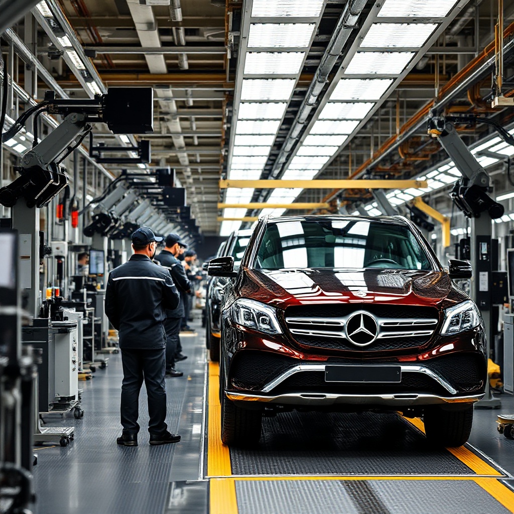 Workers in Mercedes-Benz uniforms assembling vehicles on a modern, high-tech production line with robotic equipment and partially completed luxury SUVs visible.