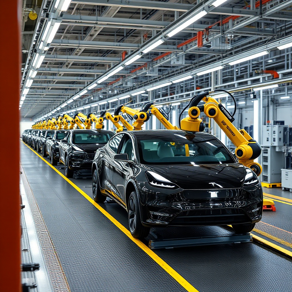 A Tesla factory production line with Model Y vehicles in various stages of assembly, showing the scale and technology of Tesla's manufacturing capabilities, with robotic arms working on vehicles.