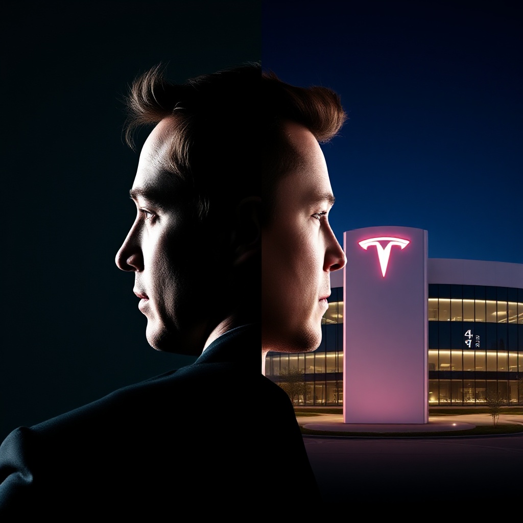 A split-screen image showing Elon Musk on one side looking toward Tesla headquarters on the other side, symbolizing the potential separation of the visionary founder from the company he built.