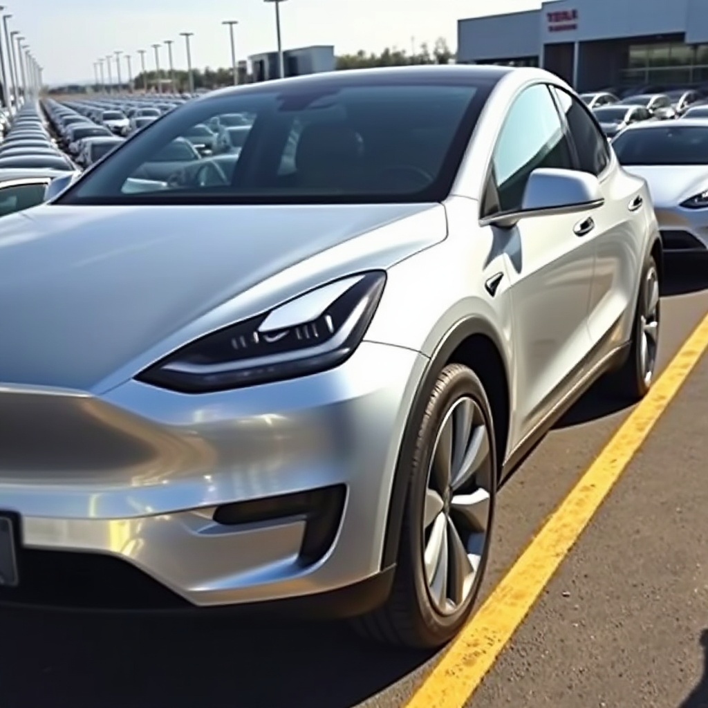 A silver Tesla Model Y SUV parked in a crowded dealership lot with multiple other identical Model Ys visible in the background, suggesting excess inventory
